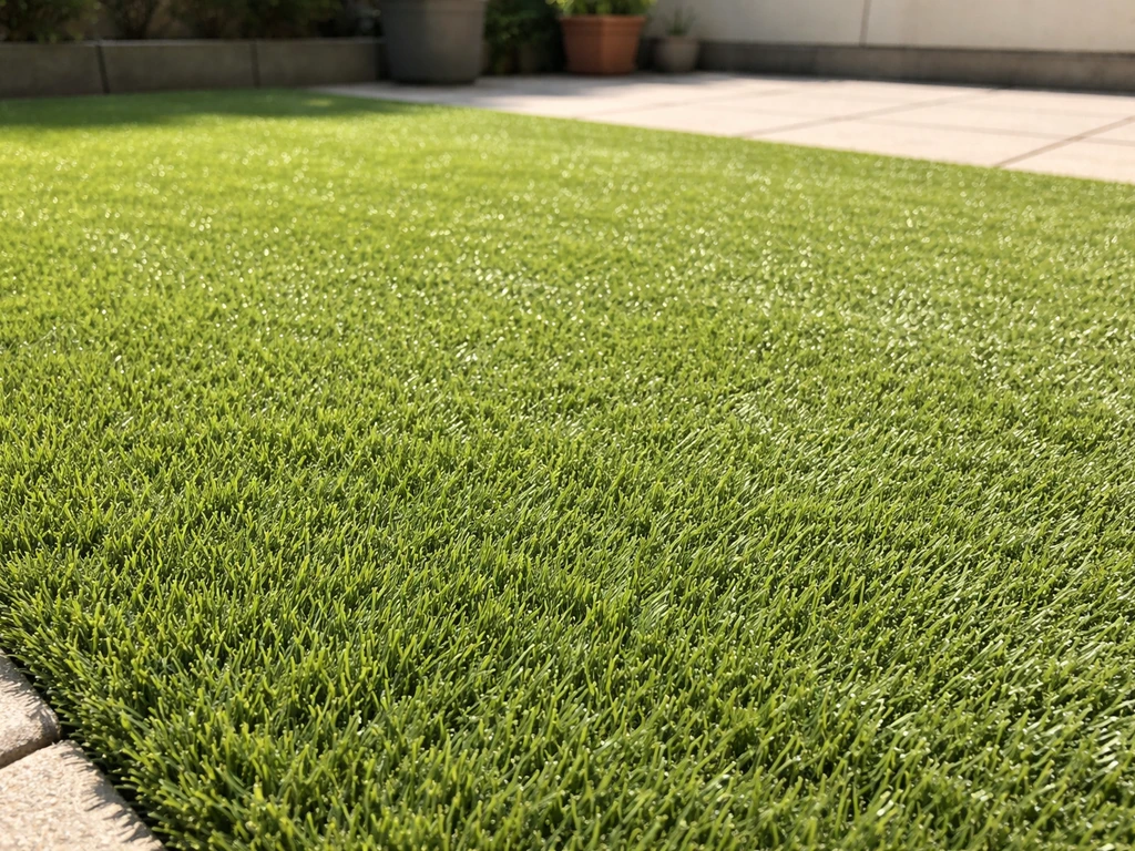 Gazon synthétique bien sec sur une terrasse ensoleillée, texture uniforme et absence de zones humides.