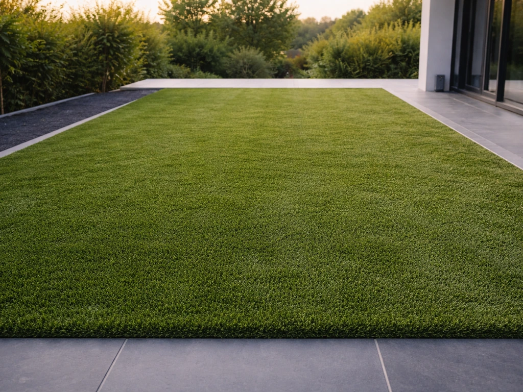 Gazon synthétique vert fraîchement posé sur terrasse, rendu pelouse et transition propre vers le support.
