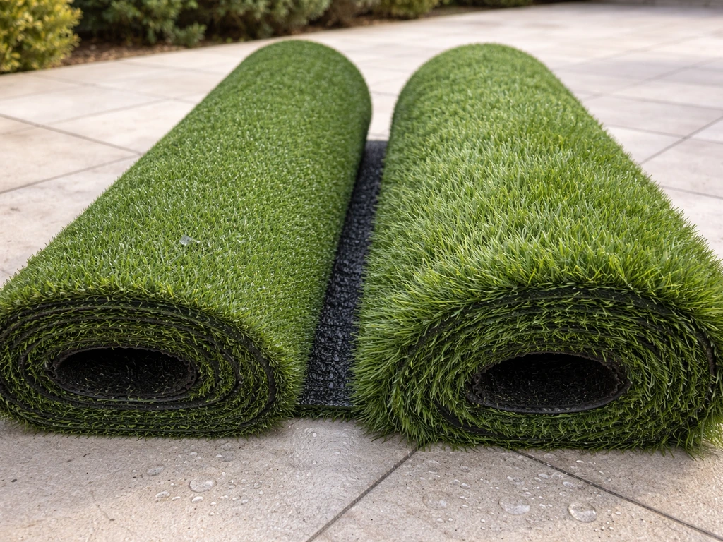 Deux rouleaux de gazon synthétique côte à côte, fibres courtes et longues, sur une terrasse en pierre claire.