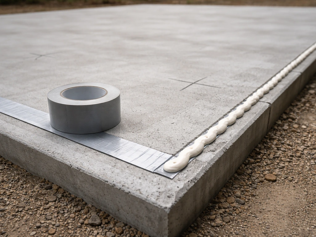 Terrasse béton propre avec ruban de collage et repères périphériques pour préparer la pose.