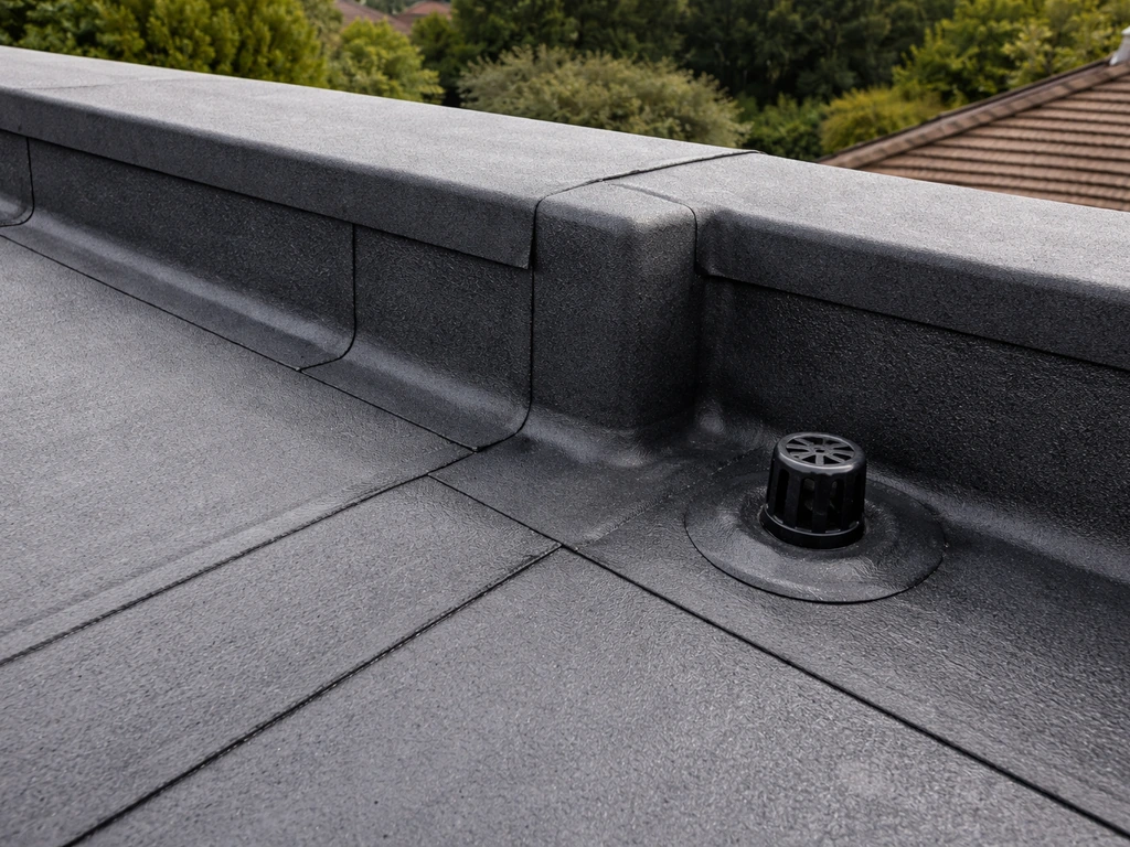 Détail d’une membrane d’étanchéité noire en bon état sur un toit-terrasse, raccords propres et visuellement intacts.