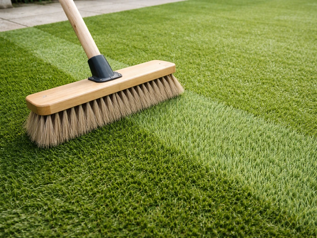 Balai brossant un gazon synthétique à contre-sens, fibres redressées visibles sur la terrasse.