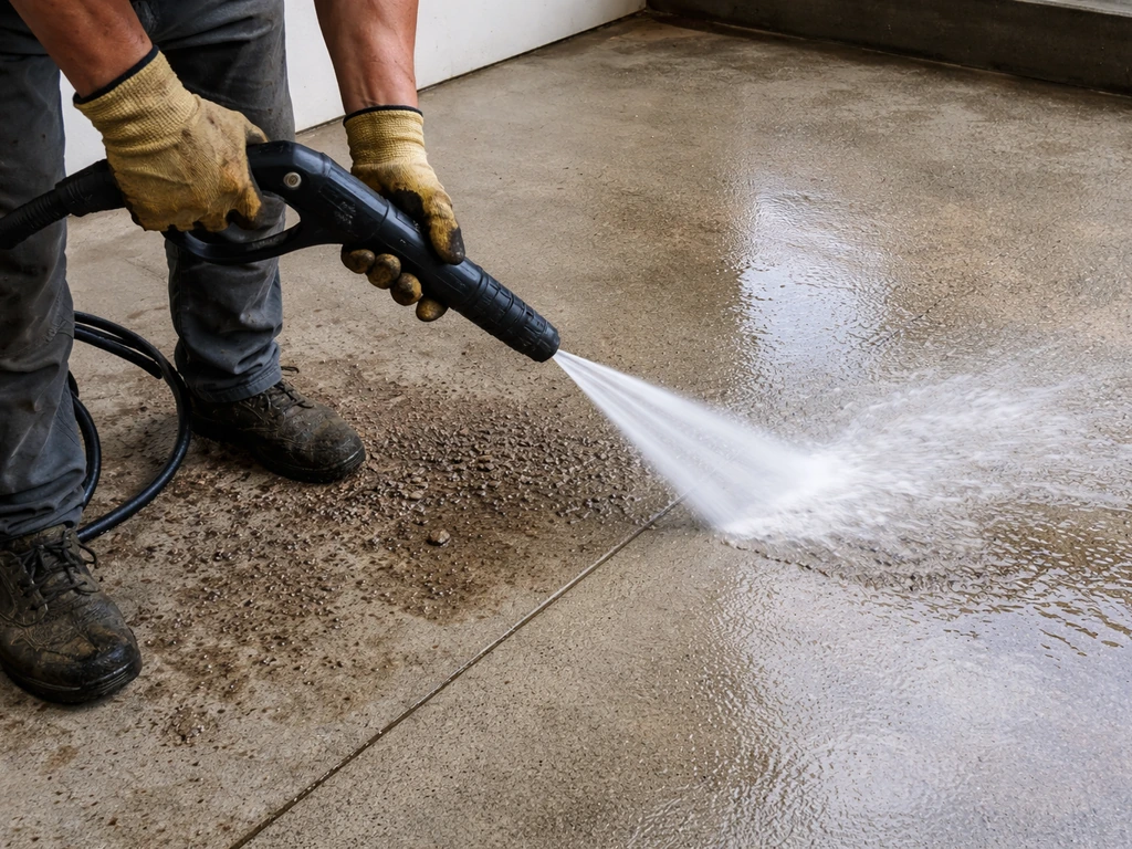 Nettoyage d’une dalle béton/carrelage au nettoyeur haute pression, résidus enlevés, eau ruisselante.