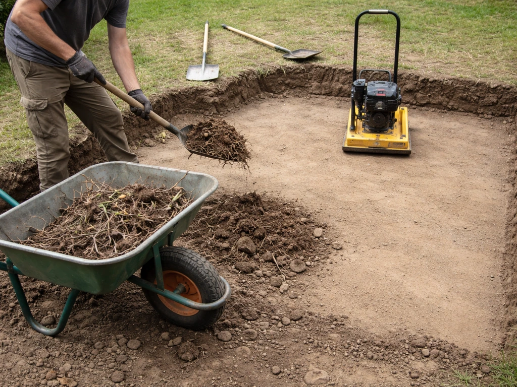 Chantier de préparation du sol : décaissement 10–15 cm, racines évacuées, fond réglé et tassé.