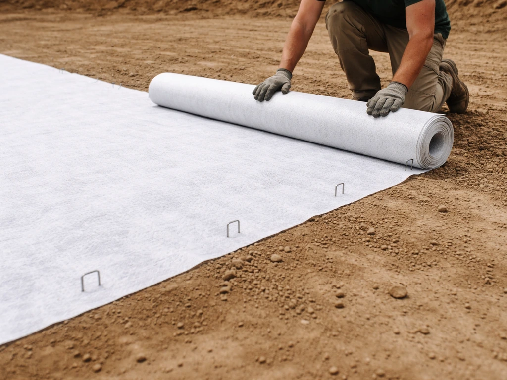 Pose d’un géotextile au sol, déroulé et fixé avec quelques piquets avant la couche drainante.