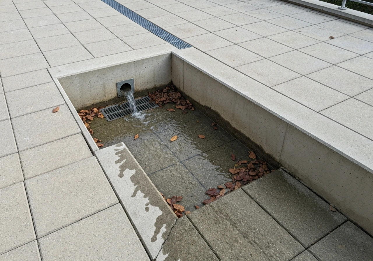 Terrasse en béton avec gouttière d’évacuation encombrée et flaque montrant un drainage à vérifier.