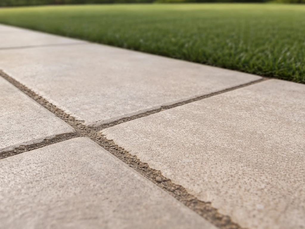 Détails d’un carrelage avec joints creusés et irréguliers, laissant voir le rendu sous un futur gazon synthétique.