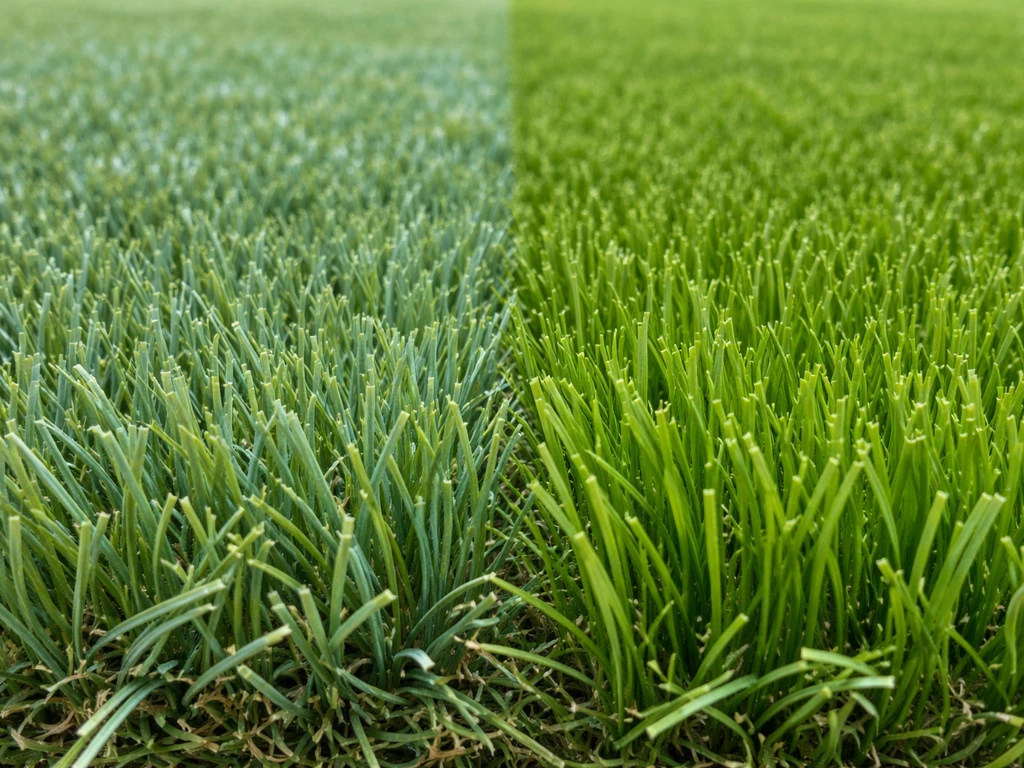 Gros plan de brins de gazon synthétique bleu et verts, fibres en PE vs PP, montrant matière et couleur.