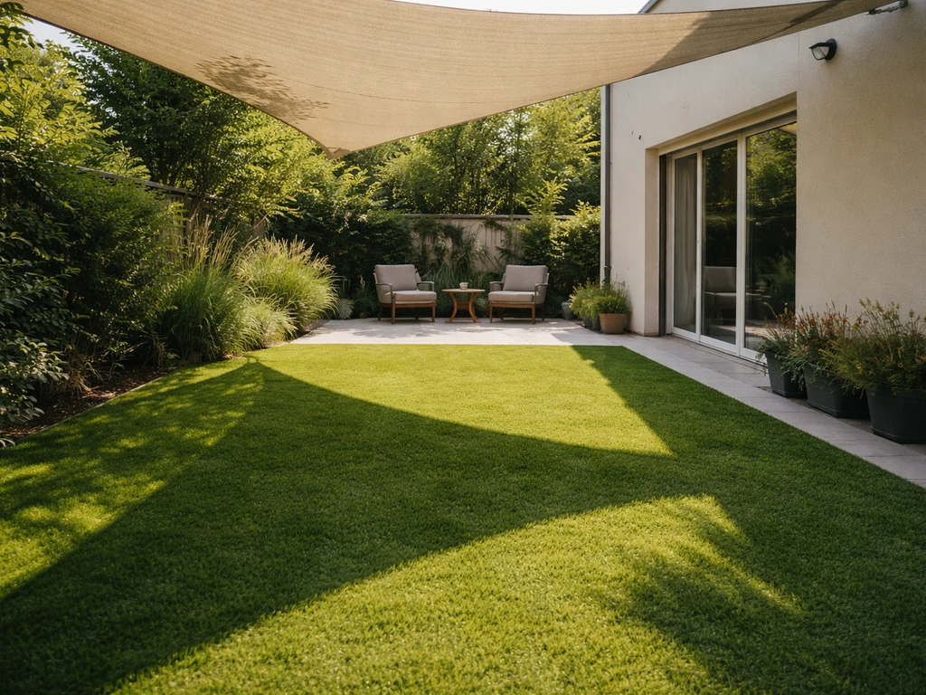 Terrasse avec gazon synthétique partiellement ombragé par un voile d’ombrage ou une pergola, ambiance fraîche.