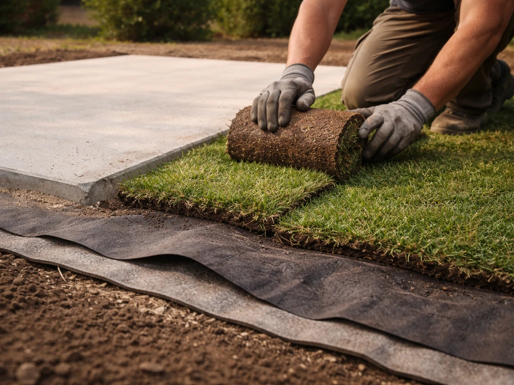 Vue de chantier : pose d’une pelouse avec géotextile sur dalle béton, couches anti-chaleur visibles.