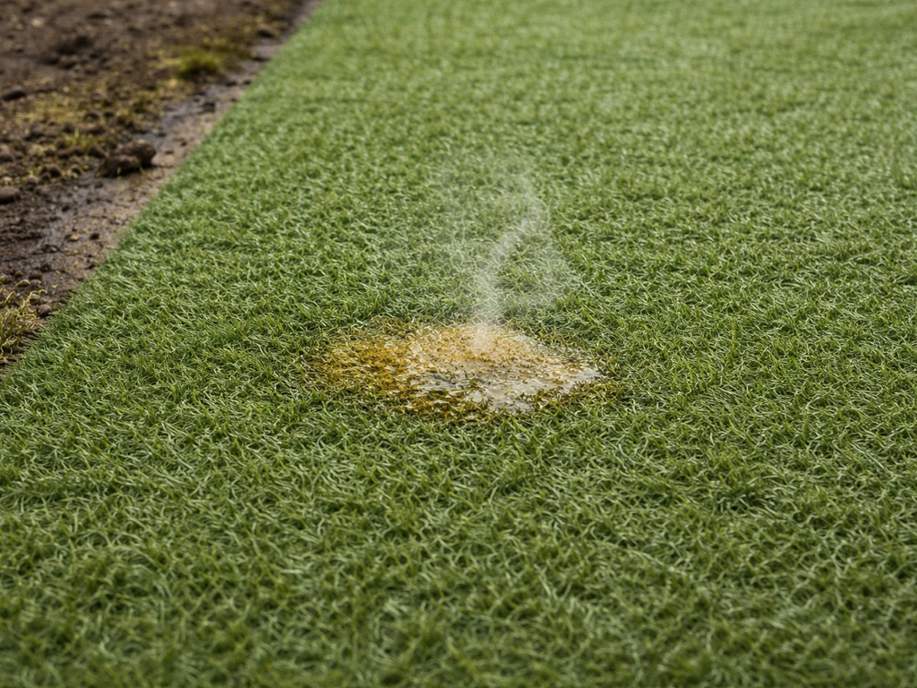 Gazon artificiel tacheté et terre naturelle humide en bordure, contraste odeur/taches sans aucun texte.