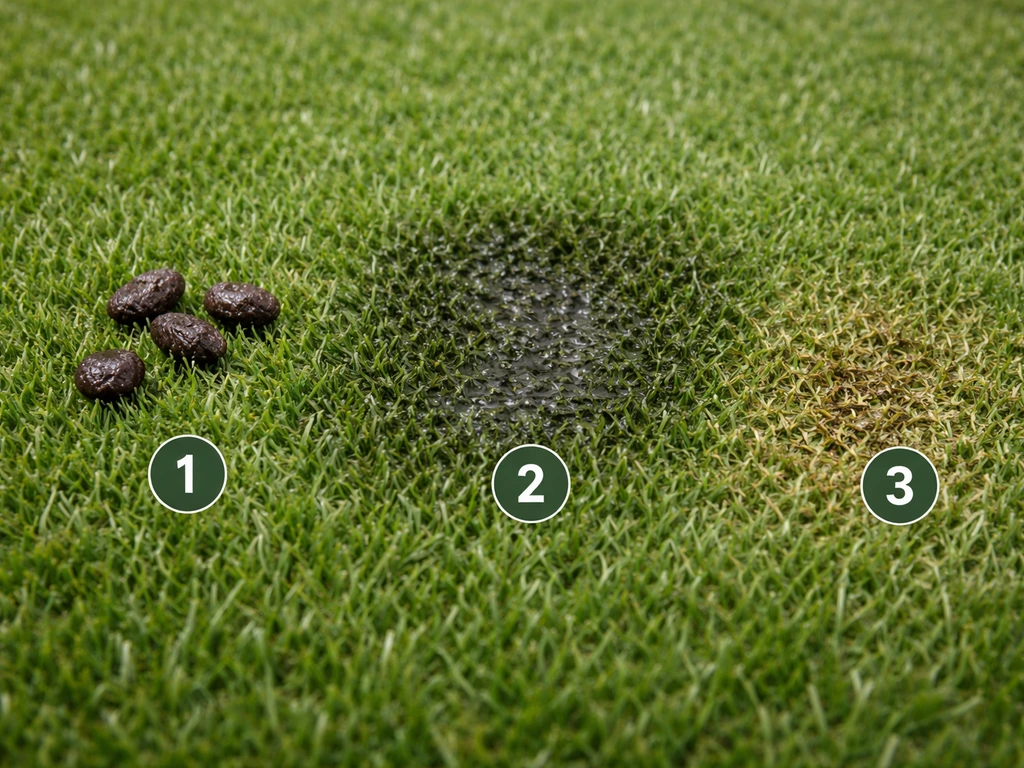 Gazon artificiel avec trois zones distinctes : crottes, marque humide et résidus bruns sur fond simple