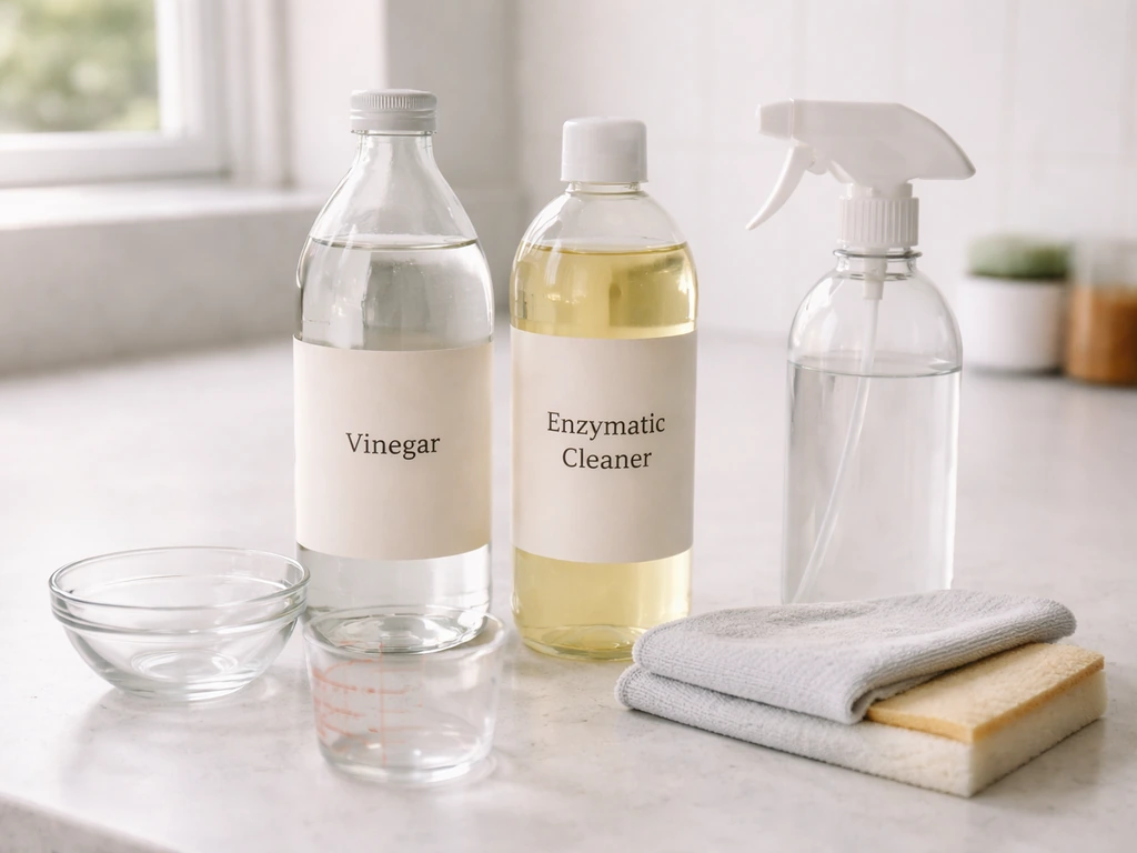 Bouteilles de vinaigre blanc dilué et nettoyant enzymatique avec accessoires de dilution et rinçage, sur plan de travail