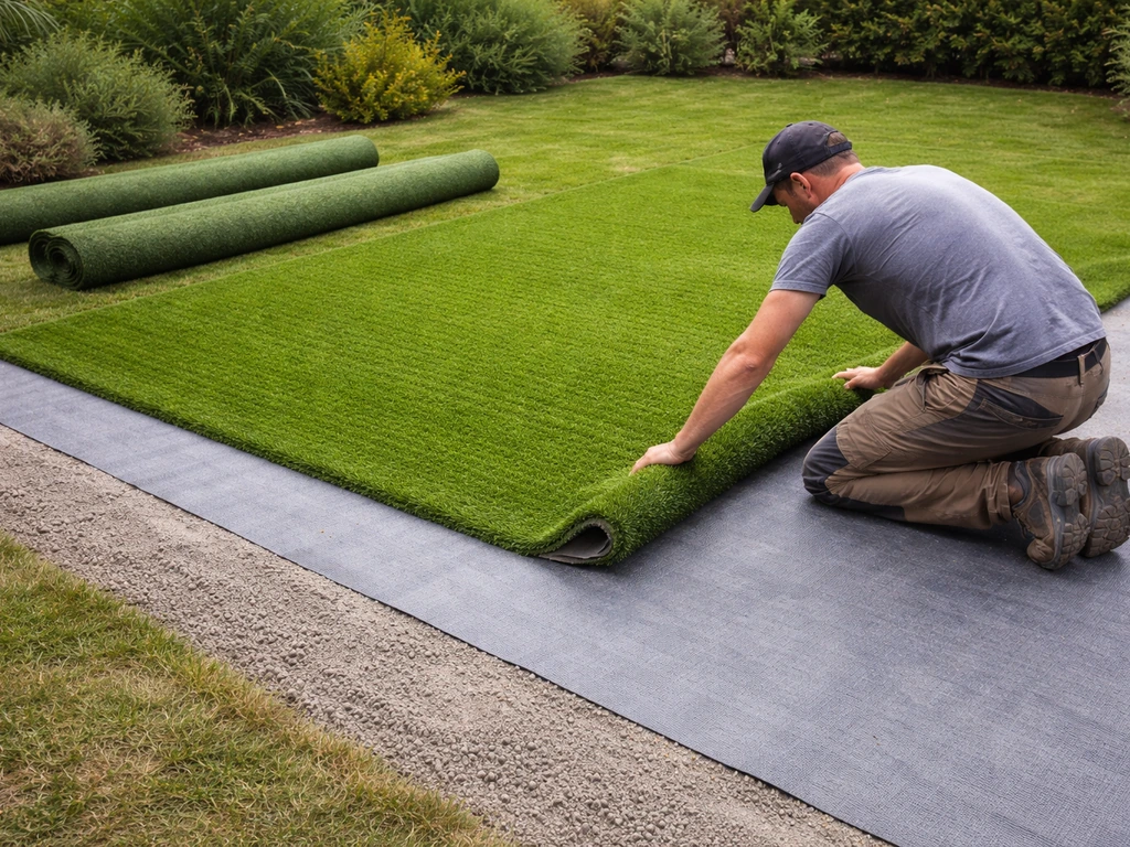 Pose de gazon artificiel : lés déroulés sur pelouse, sous-couche et drainage visibles avant finition.