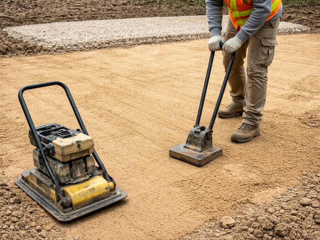 Compactage d’une couche drainante en sable sur un sol décapé, avec une dame à main pour stabiliser l’assise.