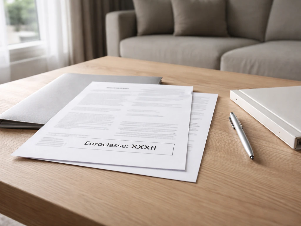 Photo réaliste de documents de construction montrant une référence Euroclasse « fl » sur un dossier