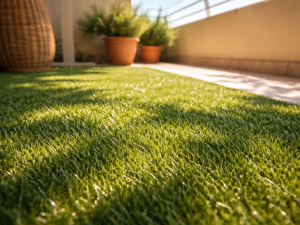 Terrasse au plein soleil avec gazon synthétique chaud, brins bien visibles surchauffés, ambiance été.