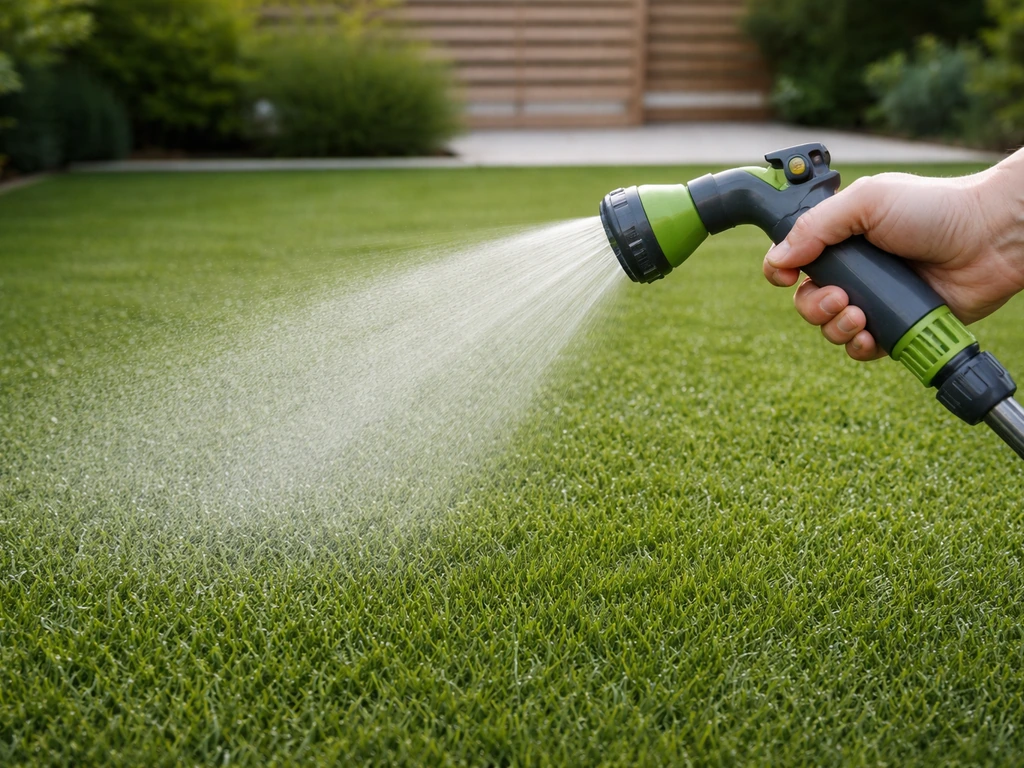 Brumisation d’eau sur gazon synthétique pour le refroidir, jet fin au-dessus des brins de pelouse.