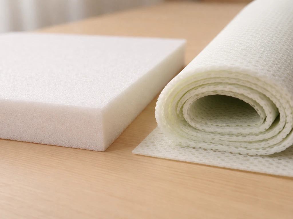 Gros plan de dalles de sous-couche en mousse et rouleaux, illustrant isolation versus respirabilité