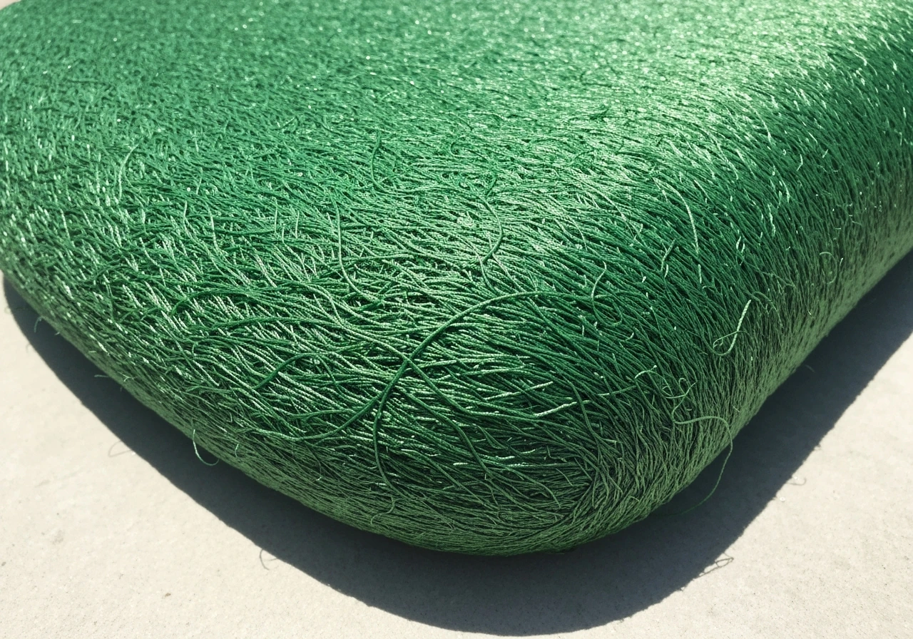 Gros plan sur les fibres d’un gazon synthétique, posées sur du carrelage, montrant chaleur et reflets au soleil.