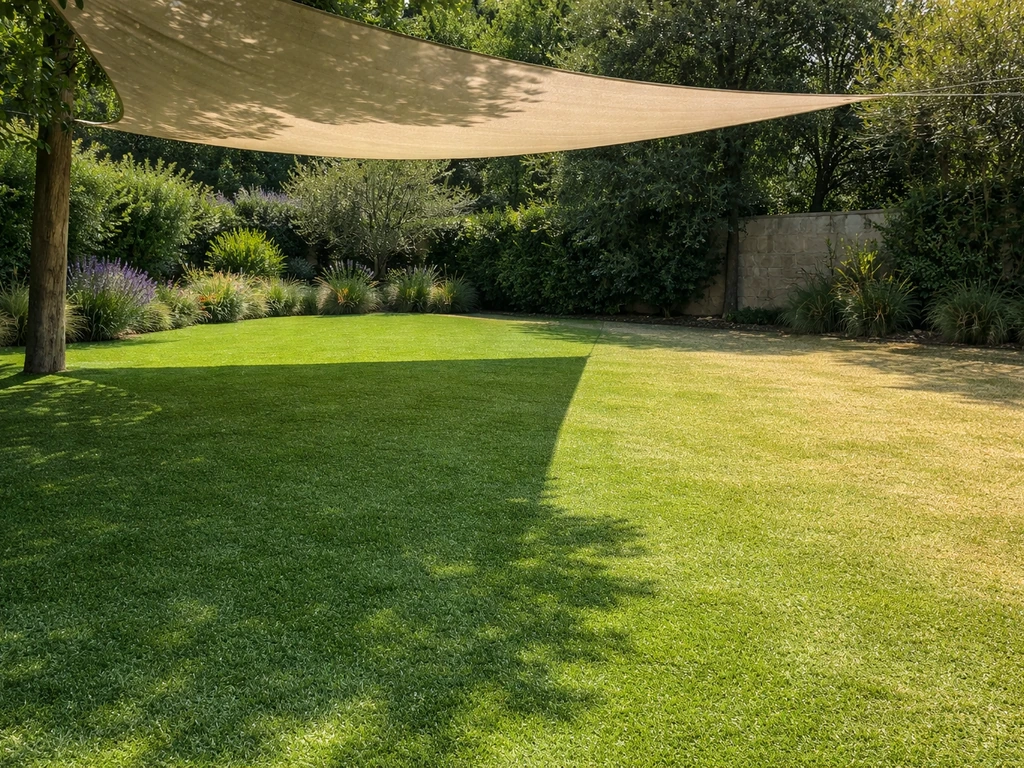 Voile d’ombrage au-dessus d’un gazon synthétique, avec une zone à l’ombre plus fraîche que le plein soleil.