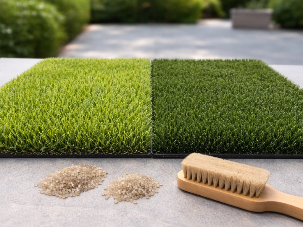 Échantillons de gazon synthétique vert clair et vert foncé côte à côte, fibres et infill visibles, sans texte.