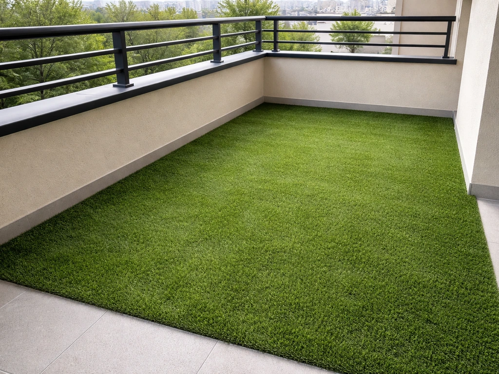 Balcon avec gazon synthétique fraîchement posé, bords nets et rendu réaliste, vue d’ensemble