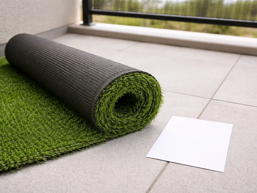 Rouleau de gazon synthétique vert sur un balcon, avec une étiquette produit vierge à côté.