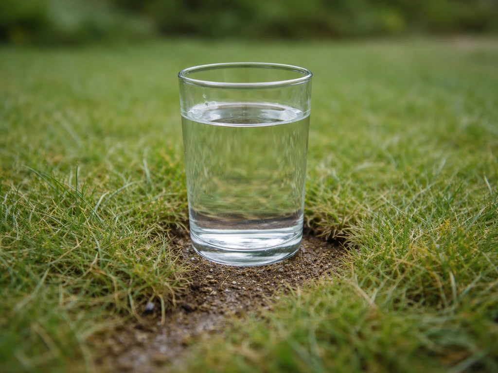 Verre d’eau sur du gazon : l’eau s’infiltre rapidement et ne stagne pas en surface.