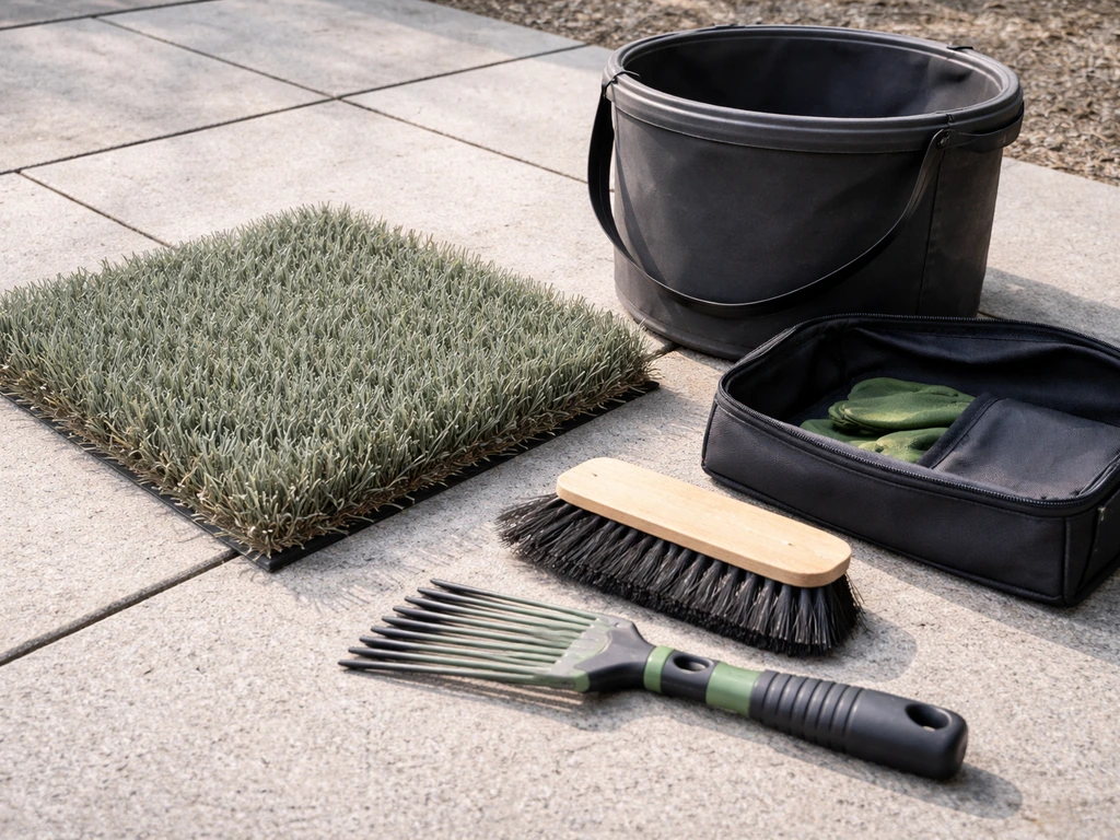 Gazon synthétique et accessoires d’entretien, vue rapprochée montrant fibres et brosse pour limiter les traces des urine