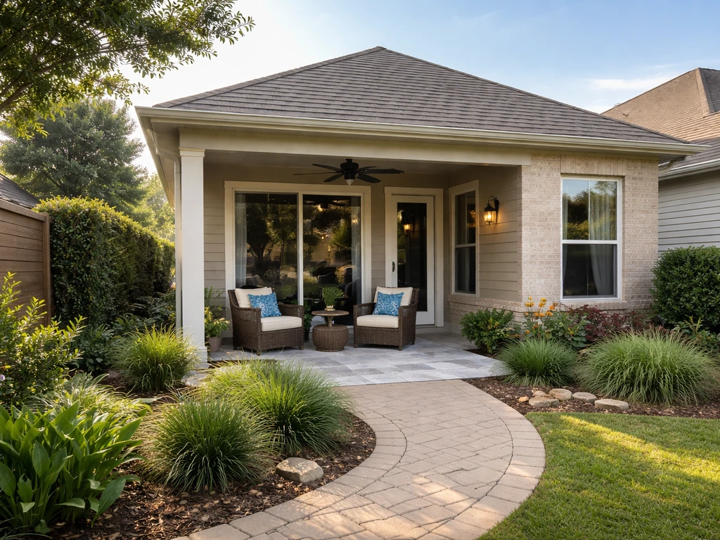 Houston patio home exterior with a covered screened patio, cozy seating, and tidy low-maintenance landscaping.