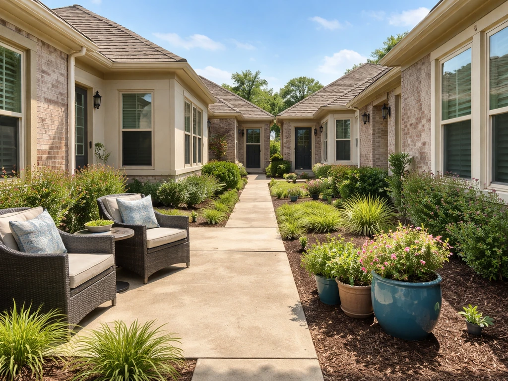 Houston patio home exterior with small private patio and attached homes in view.