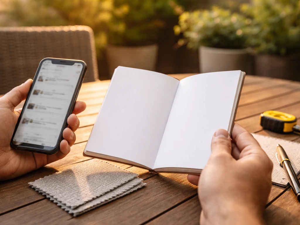 Close-up of hands holding a patio sample booklet and a smartphone, outdoors near a patio set