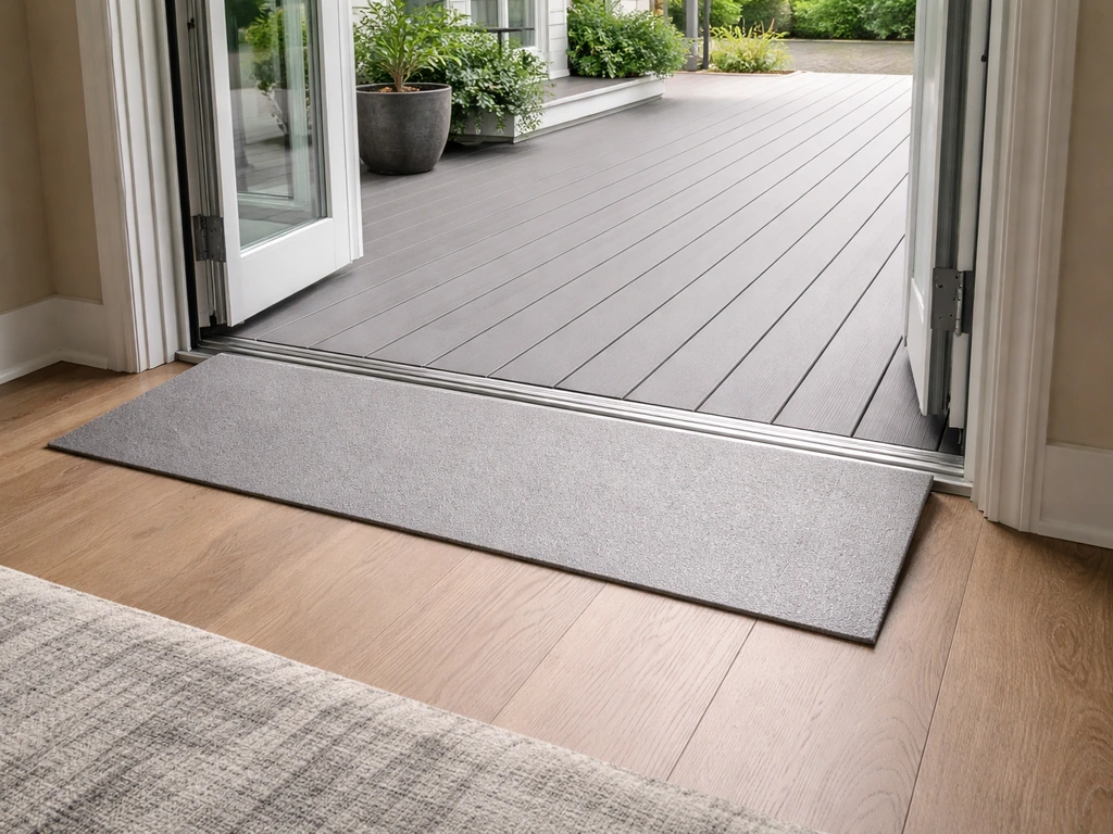 Wide zero-step ramp and non-slip composite deck leading from an interior doorway to a patio.