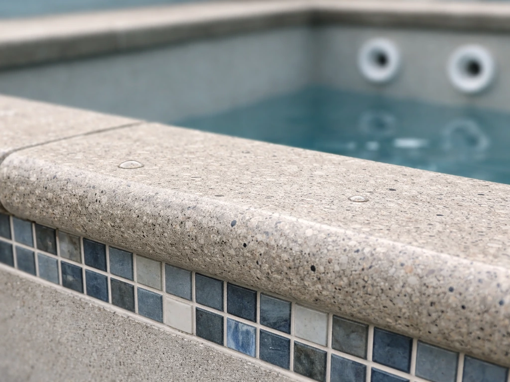 Close-up of well-finished pool tile and stone coping with plumbing fittings visible, showing build quality.