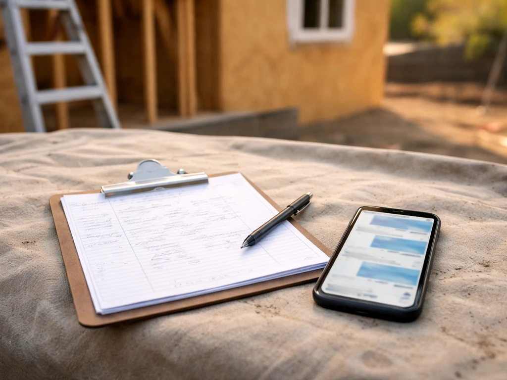 Outdoor construction manager reviewing dated notes on a clipboard next to a phone at a job site