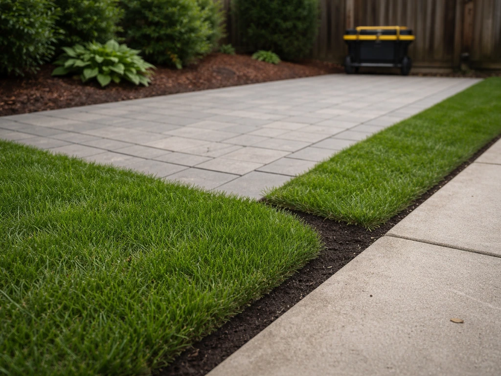 Clean patio and neatly edged lawn/sidewalk showing tidiness and professionalism.