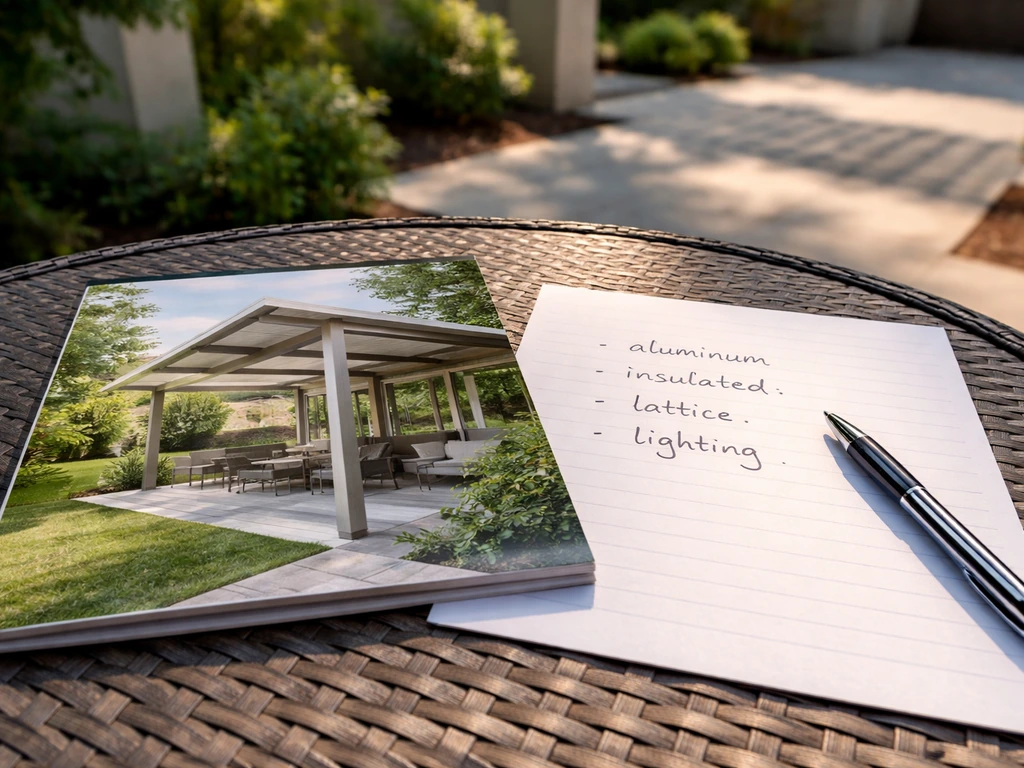 Close-up of a patio cover brochure and handwritten notes showing aluminum and insulated materials