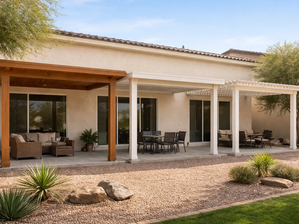Three neighboring patio cover setups: Aluma-Wood-style, solid aluminum, and lattice, shown from a backyard side angle.