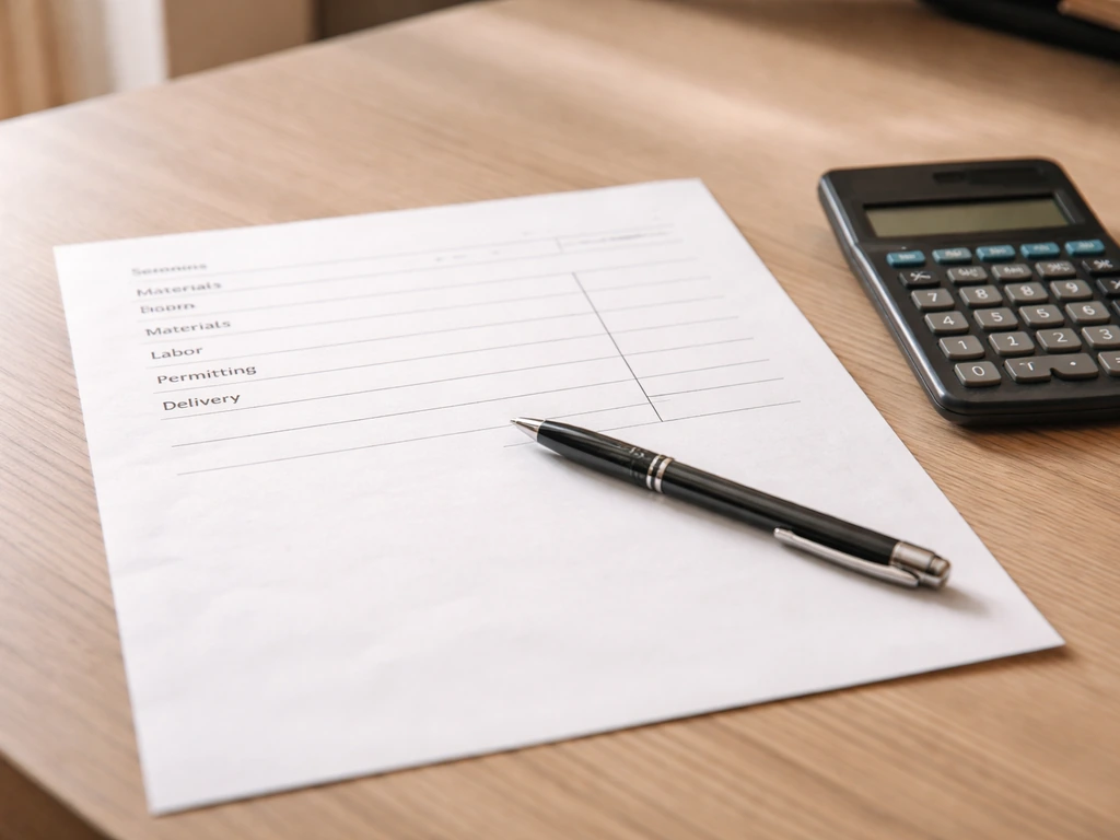 Close-up of a blank quote sheet with printed line items, a pen, and a calculator on a tidy desk