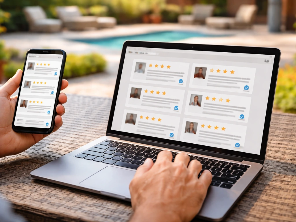 Anonymous homeowner compares pool & patio reviews on phone and laptop on a patio table.