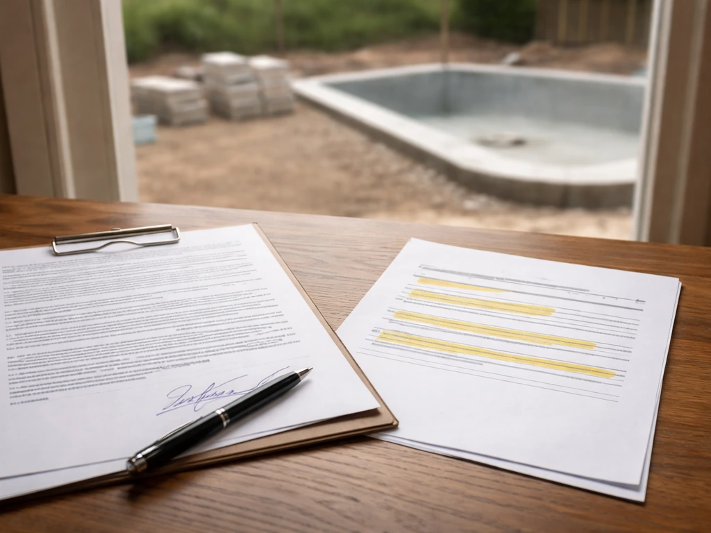 Partially signed pool contract on a table beside a payment schedule, with an unfinished outdoor site in the background.
