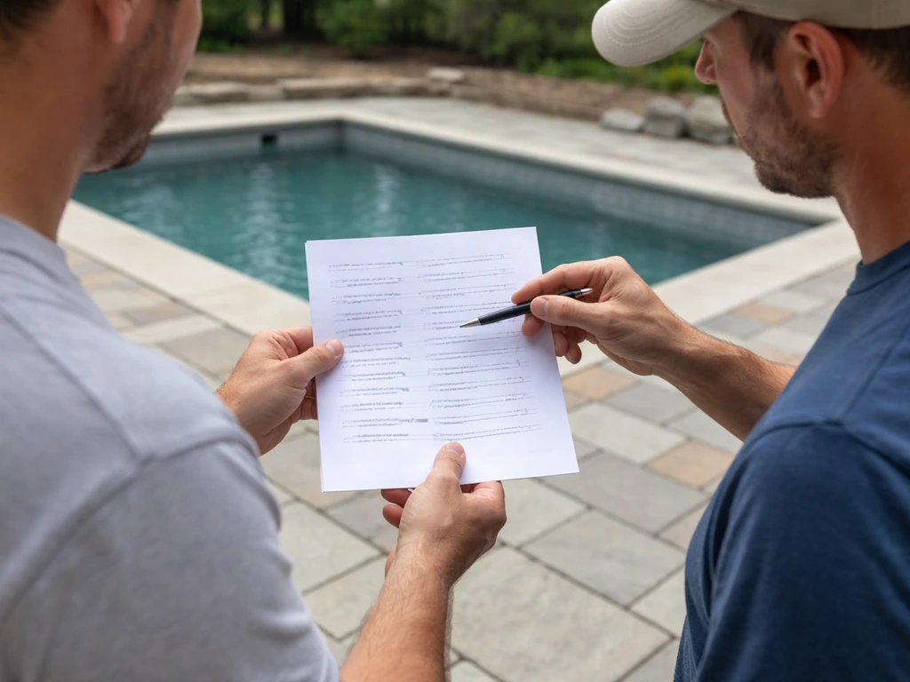 Homeowner and contractor at an outdoor patio jobsite reviewing a written payment schedule and milestones.