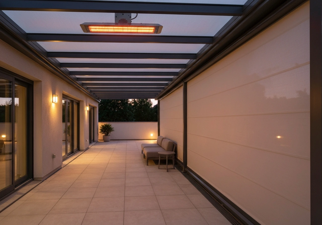 Outdoor patio showing an overhead infrared heater and an extended awning/pergola shade at dusk.