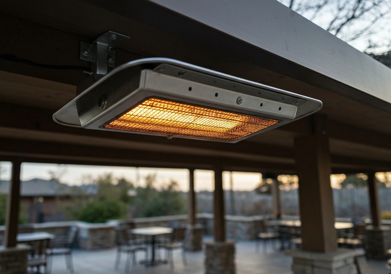 Infrared patio heater emitter head under an awning with a softly lit outdoor seating area nearby