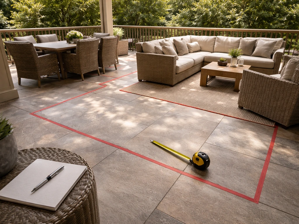 Angled view of a covered patio with two seating zones and a tape measure showing heater coverage areas