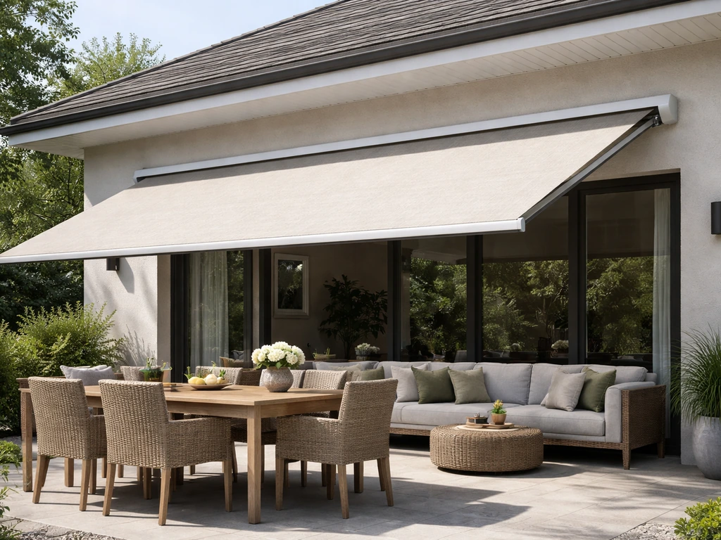 Motorized retractable awning partially extended over a patio, angled to block sunlight with clear overhead clearance.