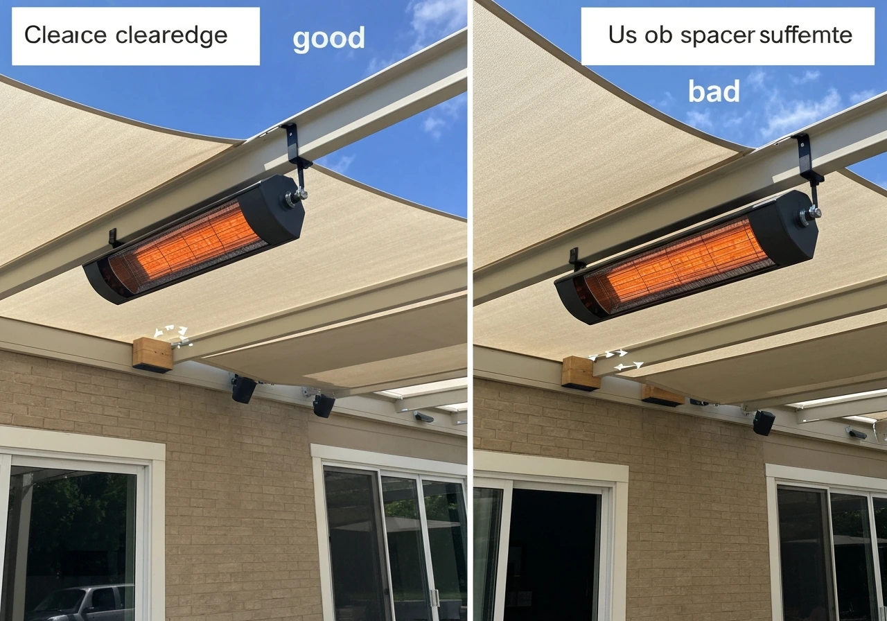 Infrared patio heater shown in correct safe clearance and an intentionally too-close bad mount with spacers.