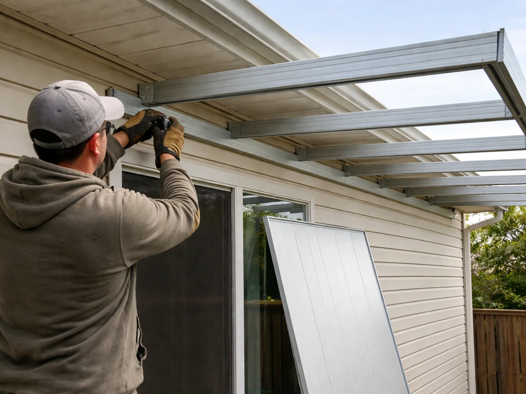Technician installing an aluminum patio cover, with fasteners and partially completed section visible.