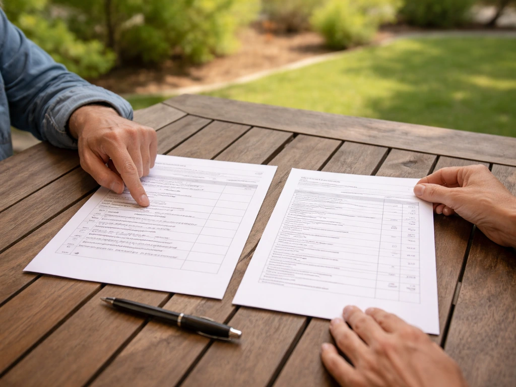 Two homeowners’ hands compare patio cover quote sheets on a patio table with a pen and handwritten checklist.